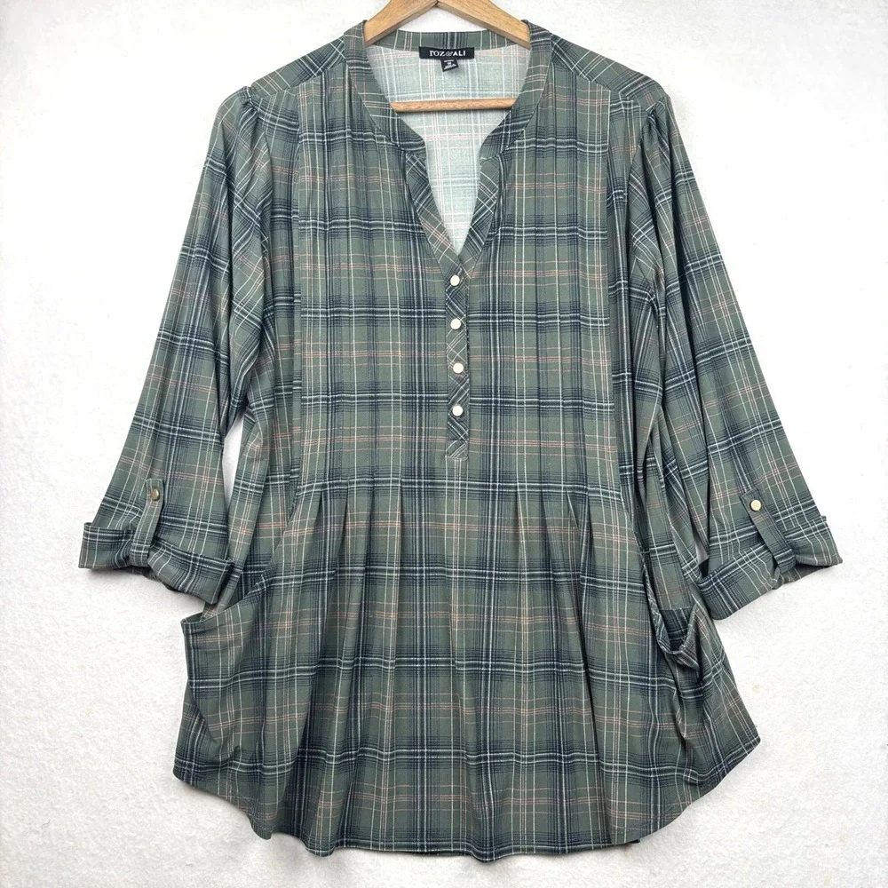 Roz and Ali Tunic Womens 1X Plaid Henley Roll Tab Sleeve